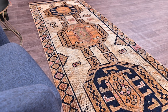 3x10 Vintage Runnner Rug, Cream Navy Blue Color, 3x10 Handmade Wool Rug, 3x10 Geometric Medallion Runner, 3x10 Persian Hallway Runner Rug,