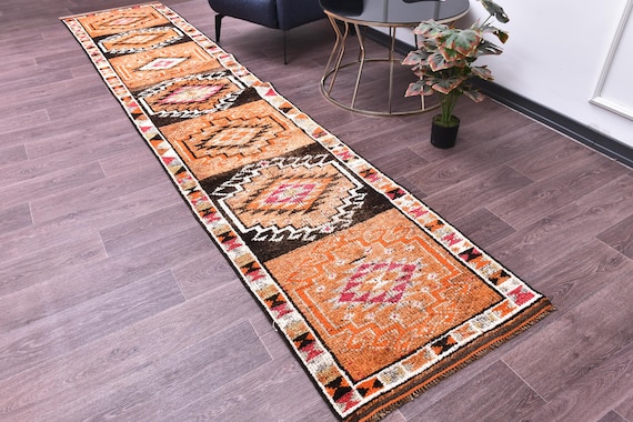 2x13 Vintage Turkish Distressed Runner Rug, Brown Color, Handmade Wool Rug, 2x13 Traditional Runner Rug, 2x13 Farmhouse Hallway Rug 2x13 Rug