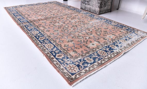 4x7 Vintage Turkish Distressed Rug, 4x7 Salmon Pink Blue Oriental Rug, 4x7 Boho Decor Rug, 4x7 Antique  Style Area Rug, 4x7 Area Rug