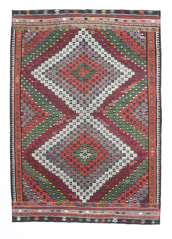 6x9 Vintage Area Kilim Rug, Tribal Kilim Rug, 6x9 Area Rug, Handmade Wool Rug, Farmhouse Decor, Geometric Patterned, Green Rug, Traditional