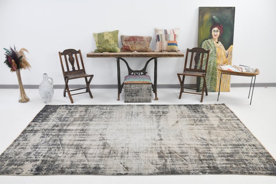 6x10 Area Rug, 6x10 Vintage Rug, 6x10 FADED TURKISH VINTAGE Rug, 6x10, Wool Handmade Turkey, 6x10 Rugs, Shades Of Abstract Coloe, 55s Rugs