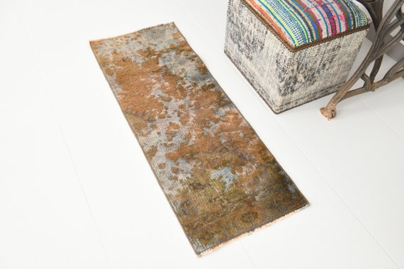 1x4 Runner Rug, 1x4 Pastel Vintage, 1x4 TURKISH VINTAGE RUNNER Rug, 1x4, Wool Handmade Oushak, Green & Brown Runners, Rug For Kitchen Tapis