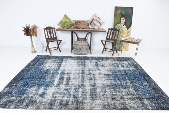 7x10 Area Rug, 7x10 Blue Vintage, Oversize Blue Vintage Rug, Large Area Rug, 7x10, Handmade Wool Rug, 7x10 Rug, Distressed, Vintage Rug 7x10