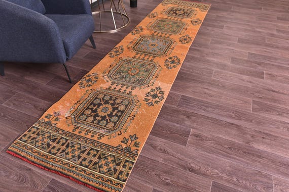 2x11 Vintage  Runner Rug, 2x11 Burnt Sienna, Green Color, 2x11 Handmade Wool Runner, 2x11 Farmhouse Rug, 2x11 Hallway Traditional Runner Rug