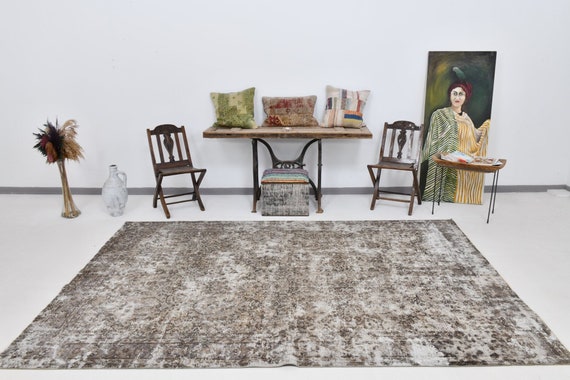 6x10 Vintage Rug, 6x10 Rug, 6x10 FADED TURKISH VINTAGE Rug, 6x10, Turkey Handmade Oushak, 6x10 Area Rug, Gray & Brown Vintage Rug, Gift Rug