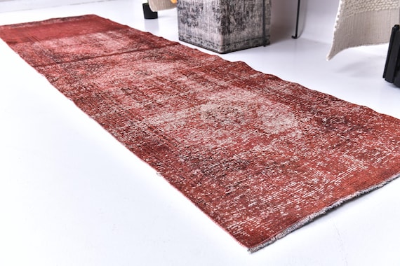 3x10 Vintage Red Hallway Runnner Rug, 3x10 Handmade Wool, 3x10 Kithcen Runner, Rich Red Color, Distressed Runner Rug, 3x10 Turkish Rug