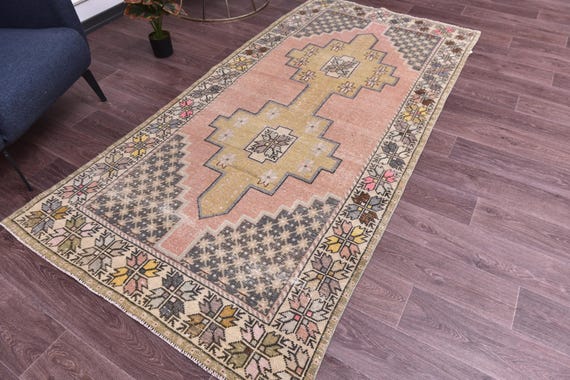 4x8 Vintage Salmon Accent Rug, 4x8 Salmon Mustard Color, Handmade Wool Rug Traditional Home Decor, 4x8 Rug, Accent Rug, 4x8 Living Room Rug