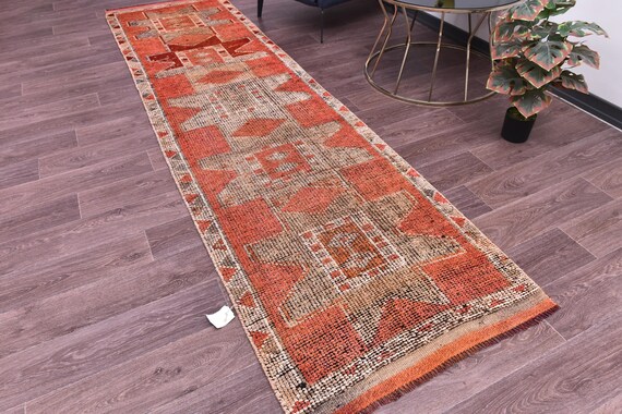 3x11 Vintage Herki Runner Rug, Peach Beige Color, Handmade Wool, 3x11 Hallway Kithcen Rug, Soft Wool Rug, Traditional Runner Rug