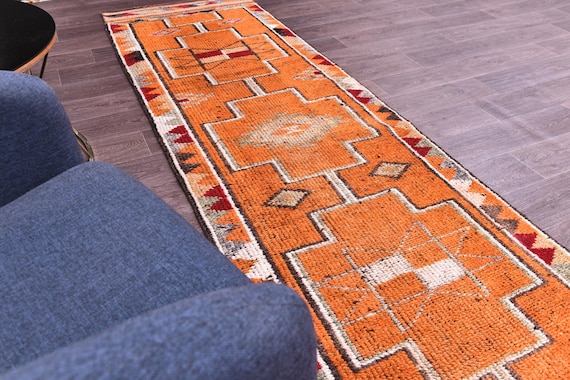 3x12 Vintage Peach Runner Rug, Handmade Wool Runner, 3x12, Hallway Rug, 3x12 Farmhouse Rug, Kithcen Rug, Peach Black Color, Medallion Design