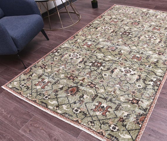 5x8 Vintage Area Rug, Green Terracotta Brown Color, 5x8 Handmade Wool Rug, 5x8 Living Room Bedroom Rug, 5x8 Vintage Rug, Rustic Home
