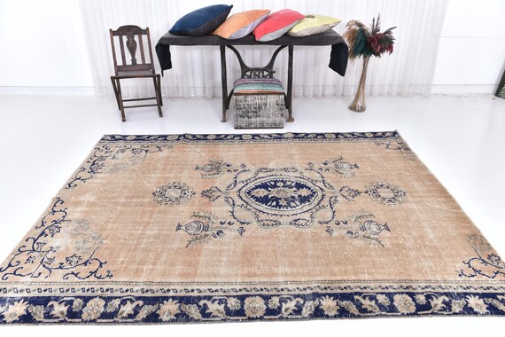 Antique Vintage Turkish Rug, 7x9 Extral Large Area Rug, Oriental Rug, Soft Wool Handmade Oushak Kilim, Blue-Bronze & Beige Rug, Oversize Rug