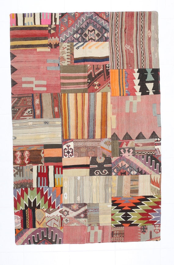 4x7 Turkish Vintage Kilim Patchwork Rug, Shades Of Bold Colorful Kilims Wool Handmade Oushak  Eclectic & Patchwork Style Rug For Living Room