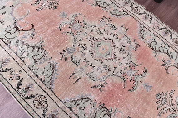 5x9 Vintage Salmon Brown Rug, Handmade Wool Rug, 5x9 Salmon Brown Cream Color, 5x9 Farmhouse Rug, 5x9 Living Room Bedroom Rug, Medallion Rug