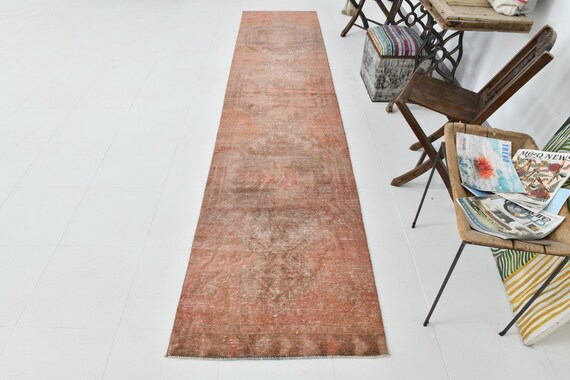 3x12 TURKISH VINTAGE RUNNER Oushak Handmade Wool Rug Oriental Brunt Hallway Rugs, Farmhouse Decor Turkey Rug Rustic Primitive Rug 3x12 Rug