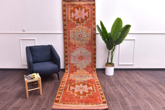 3x11 Vintage Burgundy Wool Runner Rug, Handmade Soft Wool, Traditional Design, Farmhouse Decor, Pale Red Gray Color