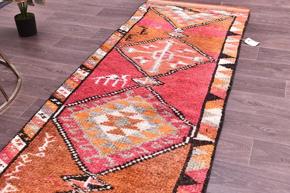 2x12 Vintage Pale Red Hallway Rug, Turkish Handmade Wool Rug, Kithcen Rug, 2x12 Tribal Rug, Red Black Color