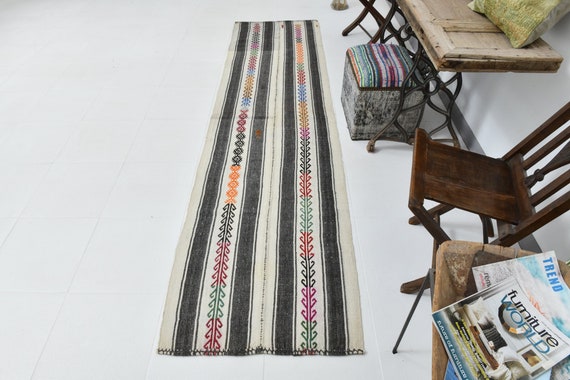 2x10 Modern Striped Kilim Runner Rug, Wool Handmade Kilims, Shades Of Beige Gray Kilim, Vintage Turkish Runner, Narrow Hallway Runner Rugs