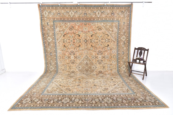 Antique Vintage Turkish Rug, 9x13 Cream Blue Oversize Persian Rug, Extra Large Area Rug, 9x13 Handmade Wool Persian Rug, 9x13 Persian Rug,