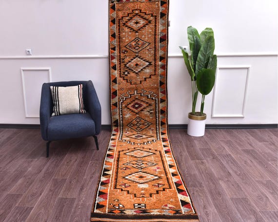 3x12 Handmade Vintage Copper ColorTraditional Wool Runner Rug, Rug For Hallway Kithcen