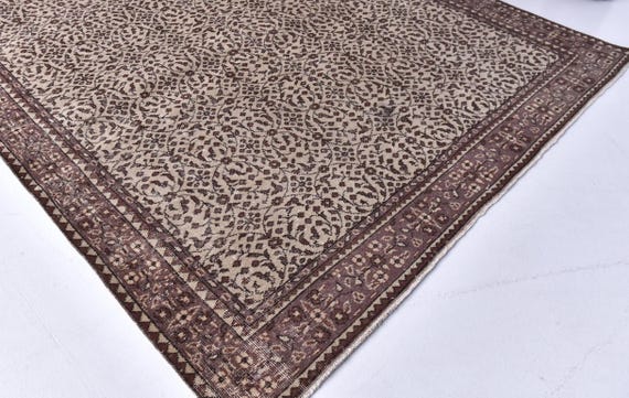 7x10 Vintage Turkish Area Rug, 7x10 Brown Rug, Purple Border, 7x10 Handmade Wool Rug, Rustic Home Decor, 7x10 Rug, Floral Rug, Area Rug Gift