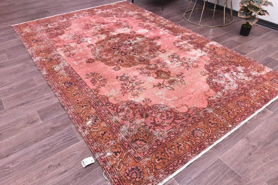 6x10 Large Overdyed Rug, 6x10 Vintage Handmade Wool Rug, Living Room Rug, 6x10 Distressed Rug Farmhouse Decor 6x10 Areas Rug, Salmon Color