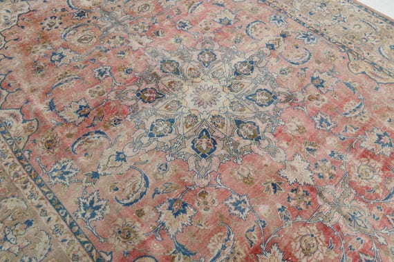 10x14 Area Rug, 10x14 Peach Red Blue Unique Rug, Oversize Unique Rug, Extra Large Area Rug, 10x14 Rugs, Oriental Madallion Style, Antique