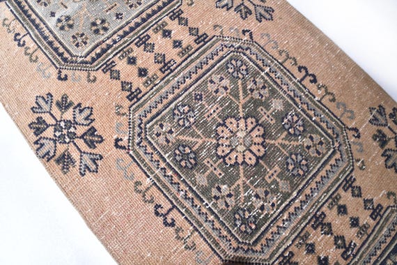 2x12 Navy Blue Orange Turkish Runner Rug - 2x12 blue geometric Turkish Runner Rugs - Narrow Handmade Long Vintage Runner rug 2x12