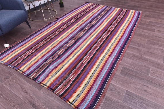6x9 Vintage Turkish Rainbow Kilim Rug, Handwoven Wool Jute Rug, Rainbow Color,