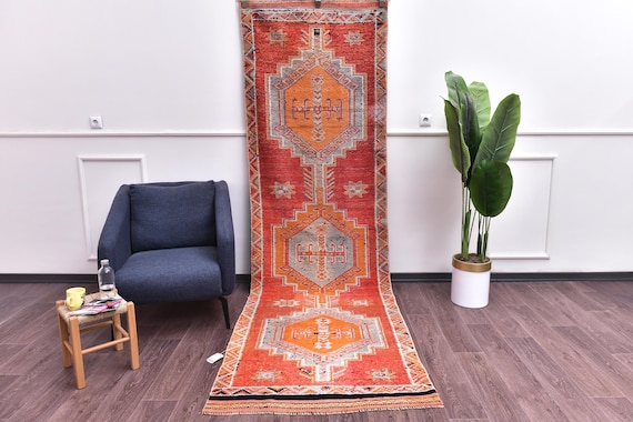 3x11 Vintage Burgundy Wool Runner Rug, Handmade Soft Wool, Traditional Design, Farmhouse Decor, Pale Red Gray Color