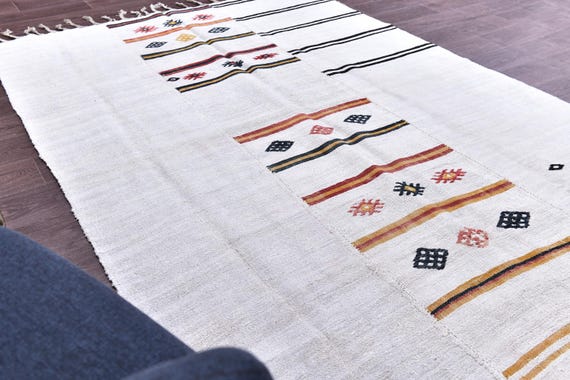 6x8 Vintage Authentic Patchwork Rug, White Orange Color, 6x8 Handmade Jute Rug, 6x8 Living Room Bedroom Rug, Tribal Kilim Rug, Farmhouse Rug