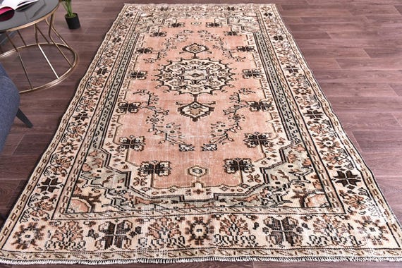 6x9 Vintage Faded Peach Turkish Rug, Handmade Wool Rug, 6x9 Distressed Pink Green Color, Medallion Rug, Farmhouse Rug, 6x9 Living Room Rug