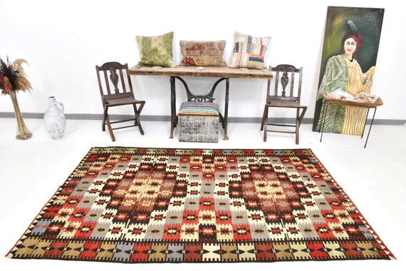 5x7 Rug, 5x7 Persian Kilim, 5x7 Persian Vintage Kilim Rug, 5x7, Handmade Wool Rug, 5x7 Rugs, Red Blue Kilim Rug, Boho Chic Naturel,Aesthetic