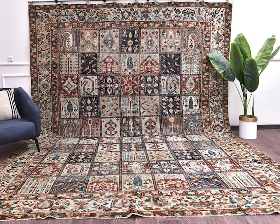 10x13 Antique Oriental Unique Handmade Wool Large Rug, Red Blue Cream Color