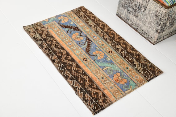 2x3 Area Rug, 2x3 ORANGE DOORMAT Rug, 2x3, Vintage Door Mat, Wool Handmade Kilim, Light Blue Geometric Kilim, 2x3 Vintage Rug, 60s
