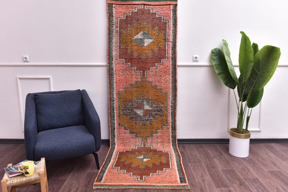 3x9 Vintage Salmon Runner Rug, Mustard Salmon Color, Hallway Kithcen Runner, Traditional Pattern, Soft Wool Anatolian Rug