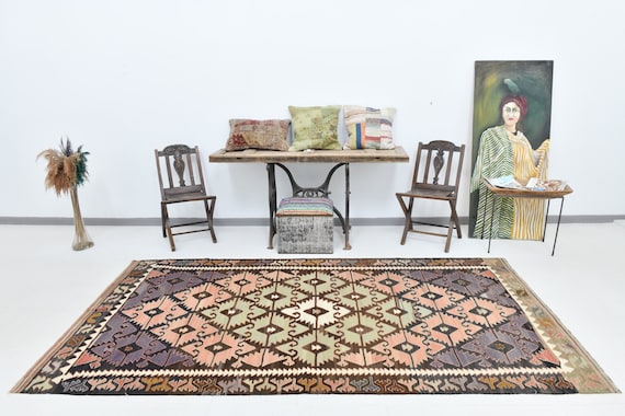 5x10 Area Rug, 5x10 Kilim Rug, 5x10 Geometric & Eclectic Vintage Kilim Rug, 5x10, Turkish Kilim Rug, Oushak Handmade Kilim, Pale Red Kilim