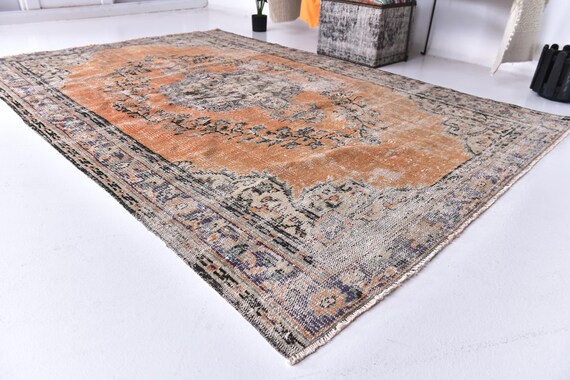 6x8 Vintage Area Rug, Orange Green Black Color, Handmade Wool Rug, 6x8 Living Room Bedroom Rug, 6x8 Farmhouse Decor Rug, 6x8 Area Rug