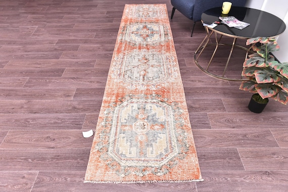 2x10 Vintage Distressed Runner Rug, Handmade Wool, Peach Cream Color, Medallion Design, Hallway Rug
