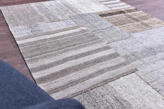 6x8 Kilim Patchwork Rug, Gray White Color, 6x8 Vintage, Handmade Wool Jute Rug, 6x8 Living Room Bedroom Rug, Tribal Kilim Rug, Farmhouse Rug