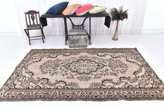 Antique Vintage Turkish Rug, 5x9 Pinkish & Brown Rug, 5x9 Large Area Rug, 5x9 Medium Size Kilim Rug, 5x9 Aesthetic Soft Wool Handmade Rug,