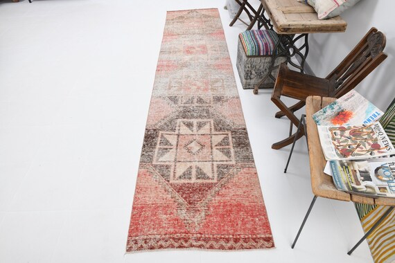 3x12 Runner Rug, 3x12 Pale Vintage, 3x12 TURKISH VINTAGE RUNNER Rug, 3x12, Wool Handmade Oushak, Red & Brown Vintage Rug, Rug For Kitchen