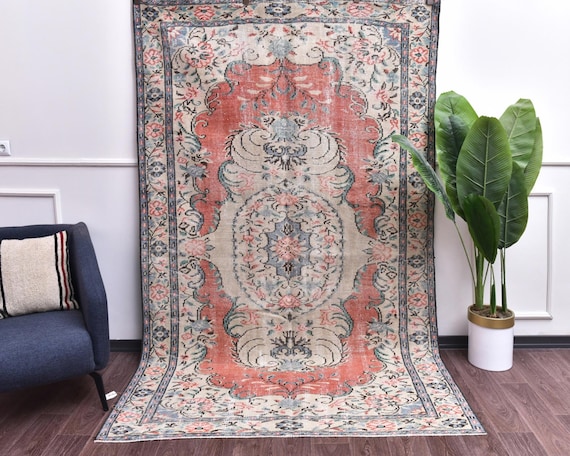 6x9 Vintage Distressed Turkish Medallion Handmade Floral Red Blue Rug