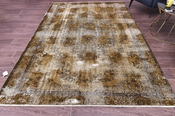 6x9 Vintage Distressed Area Rug, Modern Home Decor, Handmade Wool Rug, Living Room Design, Dark Mustard Gold Brown Color