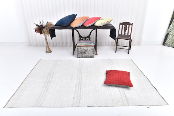 Antique Turkish Vintage Rug, 5x8 Cream Beige Vintage Hemp Rug, 5x8 Hemp Rug Natural Handmade Hemp, 5x8 Area Rug, Bohemian Decor, Living Room