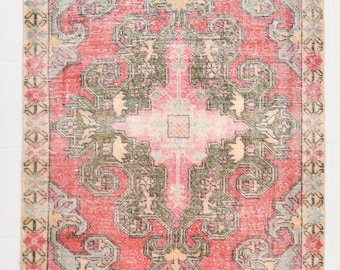 FADED TURKİSH RUG, Red Turkish Rug, Soft Oushak Rug, 4.4x6.12 Ft , Red-Beige Rug, Anatolian Rug, Luxury Rug, Vintage Rug, 4x7 Rug ,