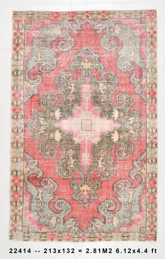 FADED TURKİSH RUG, Red Turkish Rug, Soft Oushak Rug, 4.4x6.12 Ft , Red-Beige Rug, Anatolian Rug, Luxury Rug, Vintage Rug, 4x7 Rug ,