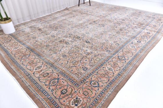 10x13 Unique Persian Area Rug, Blue, Salmon Color Rug, 10x13 Luxury Rug, Large Area Rug, 10x13 Rug, Traditional Rug, Large Decorative Rug