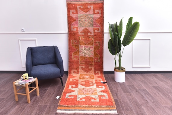 3x11 Vintage Faded Runner Rug, Handmade Soft Wool, Traditional Design, Farmhouse Decor, Peach Color