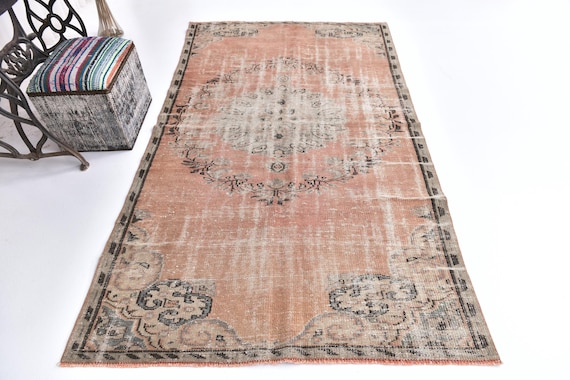 5x8 Vintage Turkish Faded Rug, 5x8 Handmade Wool Rugs, Terracotta Cream Color, 5x8 Floral Design,  5x8 Area Rugs, Living Room Rugs