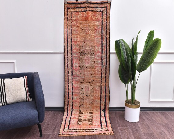 2x8 Vintage Peach Handmade Runner Rug, Hallway Kitchen Rug, Pink Beige Color